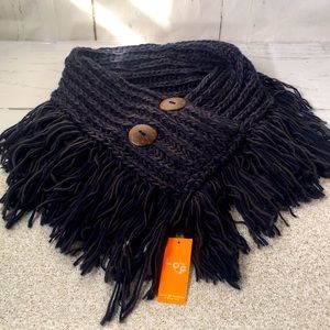 Navy Blue & Charcoal Fuzzy Knit Scarf Stole Button Chunky Cozy